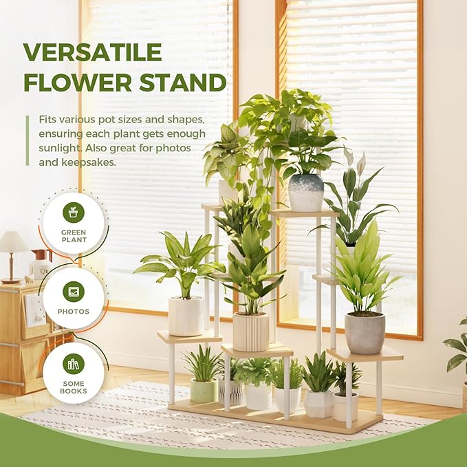 Bamworld Large Plant Stand Indoor, 9 Tier Tall Metal Plant Shelf for Multiple Plants, Tiered Flower Stand for Patio Garden Balcony Living Room Bedroom(White)-VerdiqueGarden