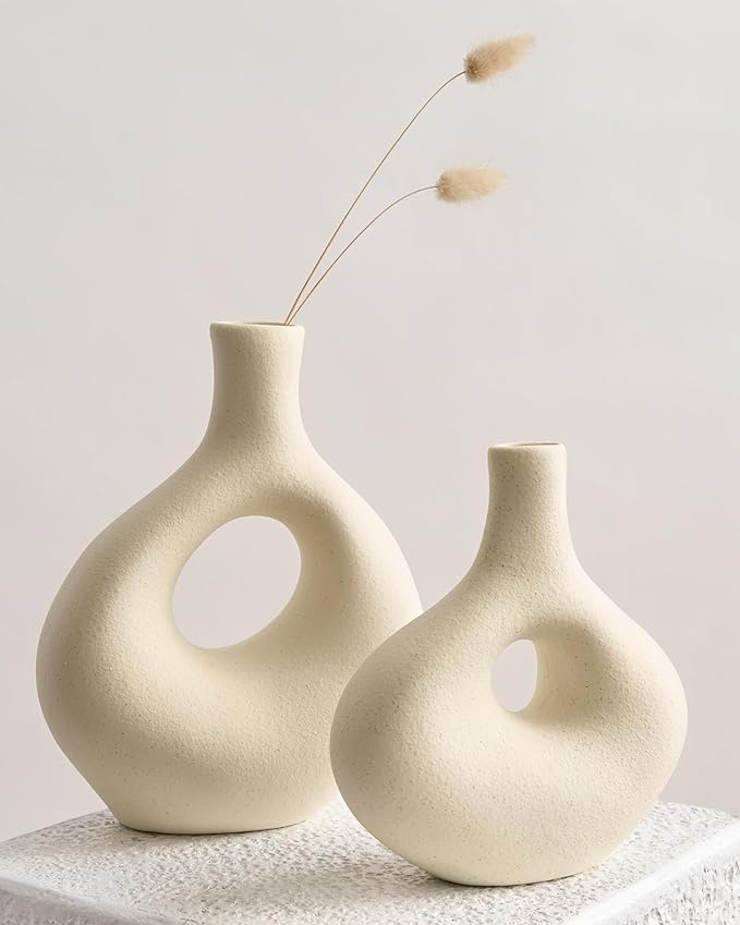 NOBULA White Ceramic Donut Vases – Modern Home Decor for Living Room, Bedroom & Table Centerpiece - Minimalist Nordic – Unique Vases for Olive Plant & Flowers – Decorative Coffee Table Vase Set of 2-VerdiqueGarden