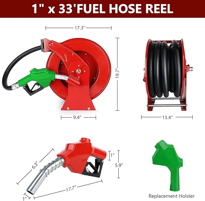 Fuel Hose Reel with Fueling Nozzle, 1" x 33FT Retractable Diesel Hose Reel, 300 PSI Industrial Heavy Duty Auto Swivel Rewind Hose Holder Reels, for Vehicle Tank Truck Trailer Ship-VerdiqueGarden