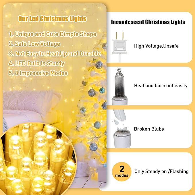 JMEXSUSS Connectable Warm White String Lights Indoor Bedroom, 8 Modes Christmas String Light Plug in Classroom Lights, 33ft 100 LED Fairy Twinkle Light Outdoor for Classroom Christmas Tree Decor-VerdiqueGarden