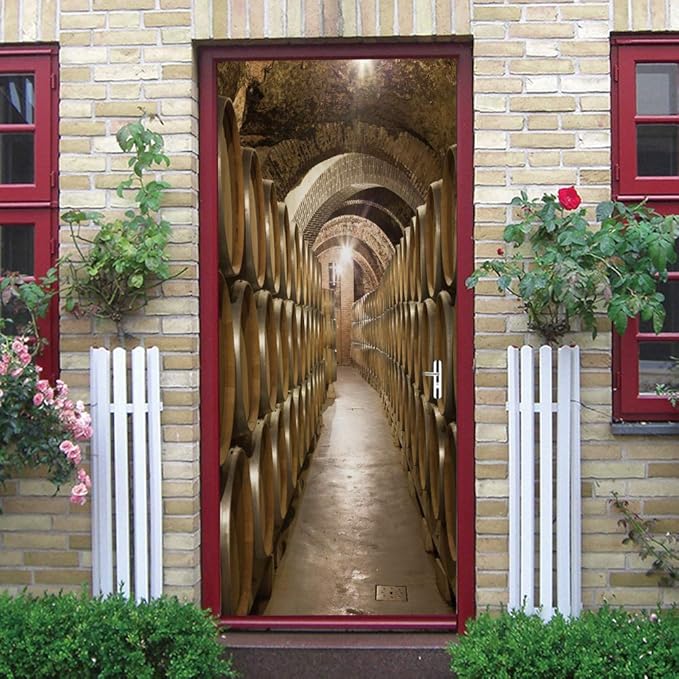 3D Door Stickers Murals - Peel & Stick Wine Cellar Theme - Removable PVC Waterproof Door Poster, 33.9" x 78.7" for Bedroom & Living Room-VerdiqueGarden
