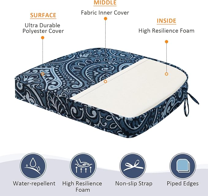 Round Corner Seat Cushions, 17" x 16" x 2", Set of 4, Indoor Outdoor Water Repellent Universal Chair Pads with Ties for Patio Furniture, Garden Deck Dining Chairs, Damask Blue Flower-VerdiqueGarden