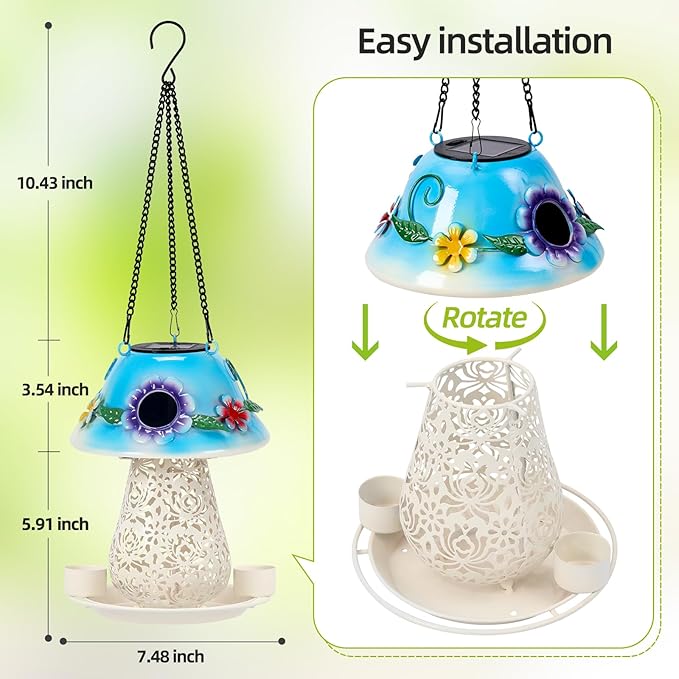 Mushroom Solar Bird Feeders for Outdoors Hanging Metal Wild Bird Feeder Garden Lantern with S Hook for Garden Decoration Blue-VerdiqueGarden