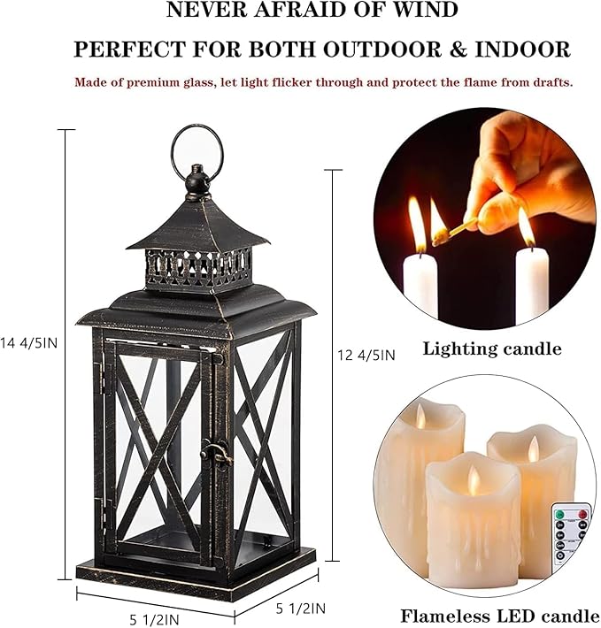 DECORKEY Lantern Decorative Indoor & Outdoor, Large Hanging Candle Lanterns Home Decor, Vintage Metal Candle Holders for Front Porch Patio Wedding Party, Halloween Christmas Decorations (Black)-VerdiqueGarden