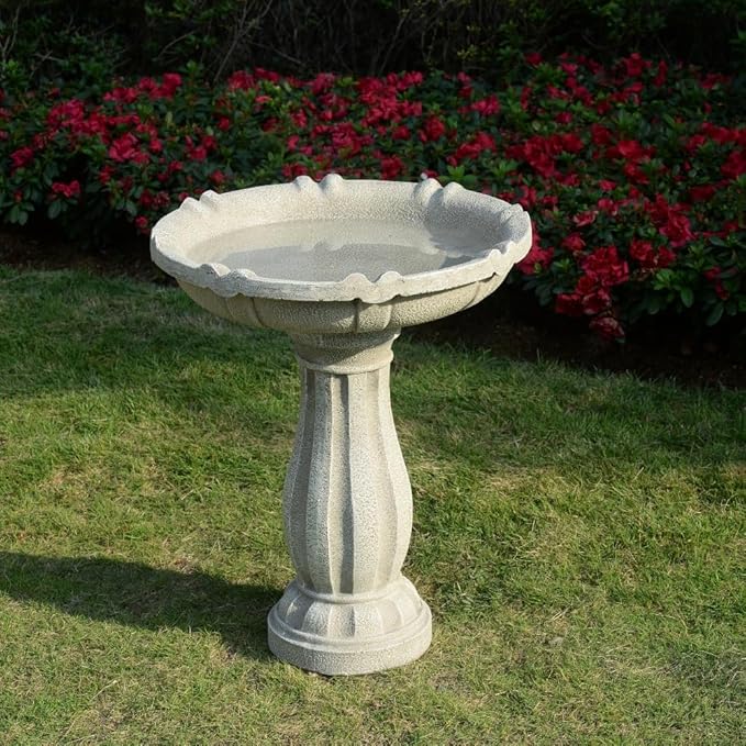 Bird Bath for Outdoor - 26'' Tall Resin Stone Modeling Design Birdbaths, Lightweight and Durable - Enhance Your Outside Garden with This Stunning Water Feature (Ivory White)-VerdiqueGarden