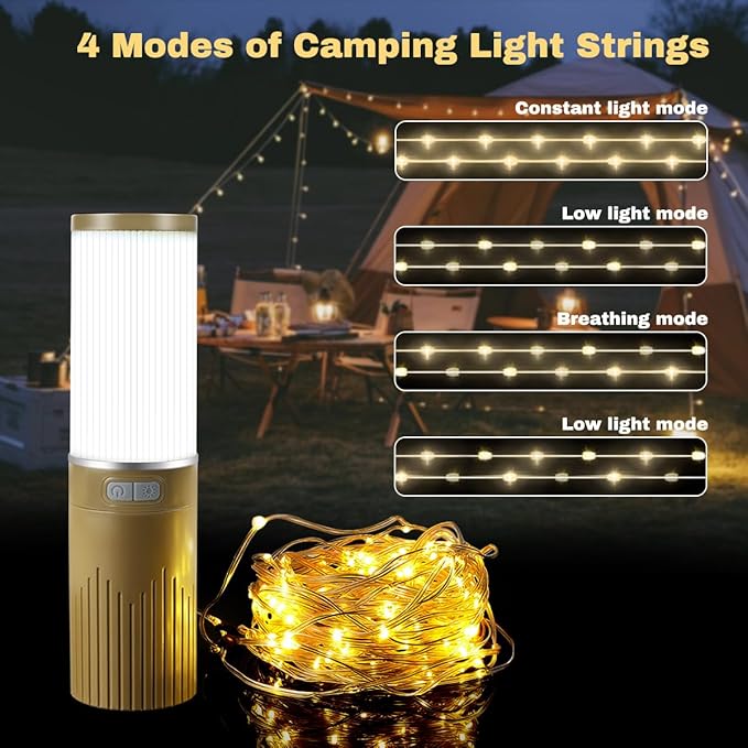 Camping Lantern with 49.2FT String, 2 in 1 Outdoor Warm White String Lights with 4 Modes & 5 Modes Rechargeable Camping Lamp IPX4 Waterproof Portable LED Tent Light for Outdoor Yard Garden Decoration-VerdiqueGarden