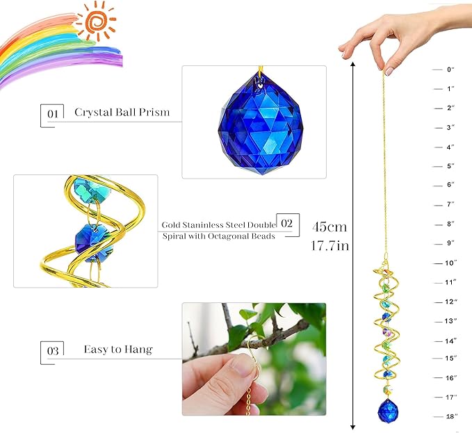 H&D HYALINE & DORA Gazing Ball Spiral Tail Crystal Suncatcher, Rainbow Maker Crystal Beads Decor Sun Catcher Hang with Hook for Window Indoor Outdoor-VerdiqueGarden