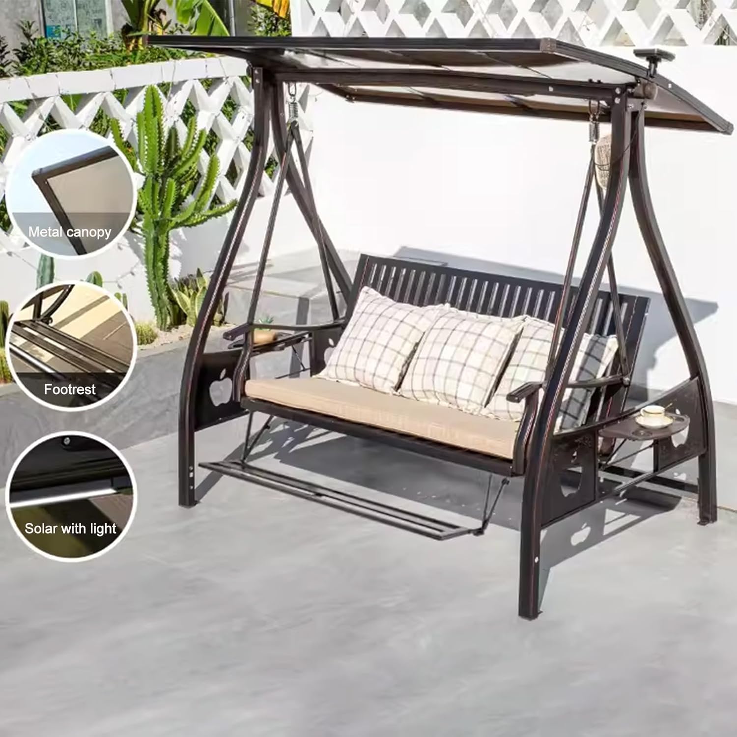 2/3-Seat Outdoor Patio Porch Swing with Adjustable Aluminum Alloy Canopy Solar Patio Swing Chair Bench with Footrest Side Cup Holder for Backyard Lawn (Elite Red Copper - 3 Seat)-VerdiqueGarden