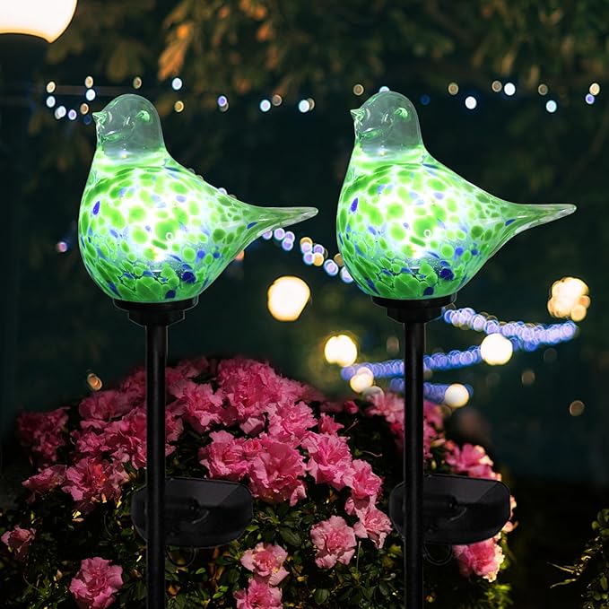 Afirst Solar Outdoor Lights Decorative Hummingbird Garden Stake Handblown Glass Stakes Outdoors Waterproof for Garden Pathway Decoration 2 Packs-VerdiqueGarden