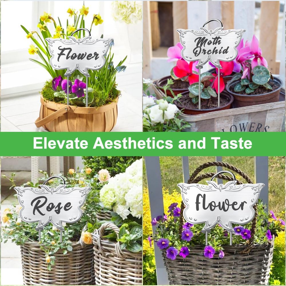 Metal Plant Labels, Tall Outdoor Butterfly Garden Markers for Flowers, Fruits and Vegetables, 304 Stainless Steel Weatherproof Signs (25 Packs, 4" x 2.3", Silver Butterfly Design)-VerdiqueGarden
