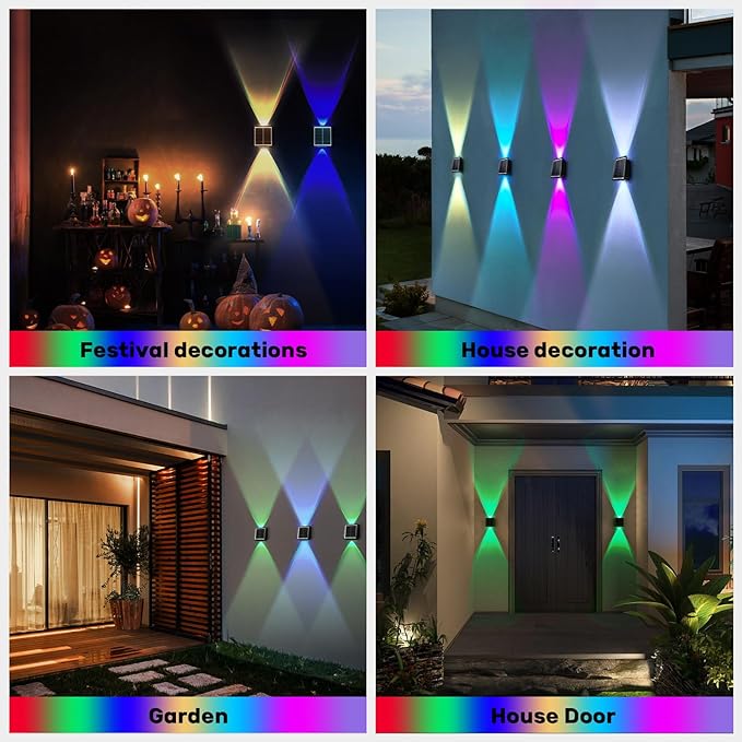 2LEDs Multi-Color Solar Wall Lights, Up and Down Lighting Solar Outdoor Light Waterproof IP65, Solar Fence Light for Yard Garden Garage (4 Pack)-VerdiqueGarden