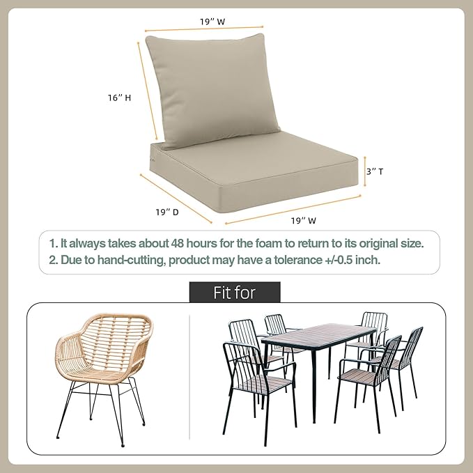 Favoyard Outdoor Seat Cushion Set 19 x 19 Inch Waterproof & Fade Resistant Patio Furniture Cushions with Removable Cover Deep Seat & Back Cushion with Handle and Adjustable Straps for Chair Sofa Couch-VerdiqueGarden