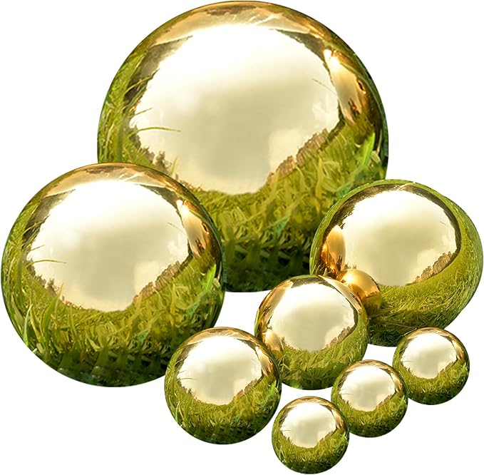 Nerien Gazing Ball, Stainless Steel Garden Mirror Globe, Polished Ornament Sphere, Hollow Floating Reflective Hemisphere, for Home Outdoor Pond Housewarming Swimming Pool Decoration, Gold, 8Pcs-VerdiqueGarden