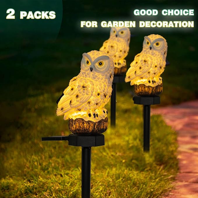 Dazzle Bright 2 Pack Owl Figure Solar LED Lights, Resin Garden Waterproof Decorations with Stake for Outdoor Yard Pathway Outside Patio Lawn Decor to Scare Birds Away, Gifts for Women, Owl Lovers-VerdiqueGarden