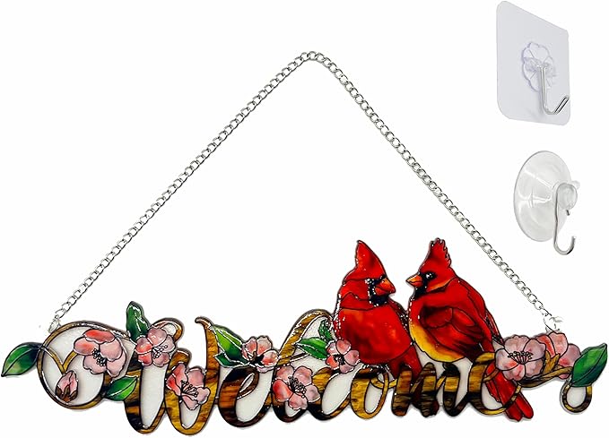 Welcome with Red Cardinal Suncatcher Red Bird Stained Glass Suncatchers Window Hanging Ornament for Home Decor Indoor Wall Art for Mother's Day Women Mom Birds Lovers Friends (Welcome)-VerdiqueGarden