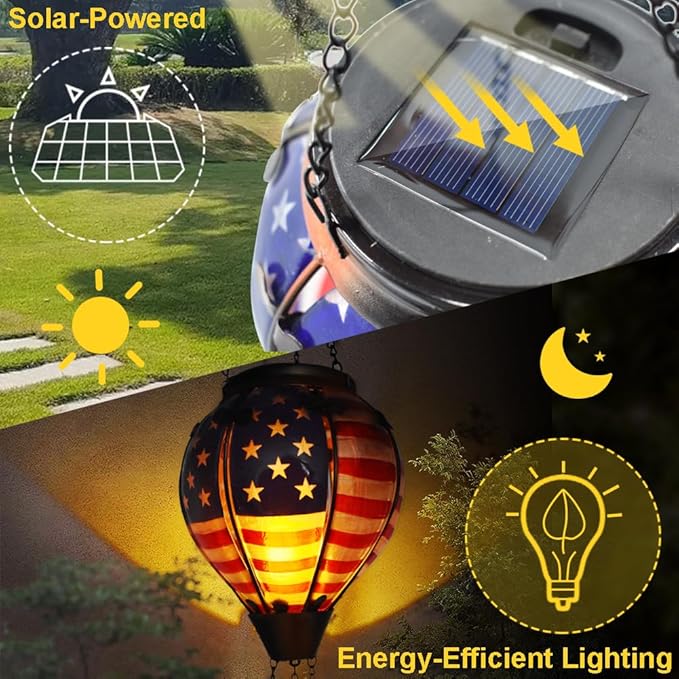 Hot Air Balloon Solar Lantern with Flickering Flame, Glass Hanging Garden Lights Outdoor Waterproof for Tree Yard Patio Mother's Day Gift, 18" H Flag-VerdiqueGarden