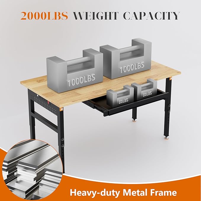 60" Adjustable Height Workbench, 2000 LBS Heavy Duty Work Table with Power Outlets & Pegboard, Rubber Wood Workstation for Garage, Workshop, Office, Home, Commercial-VerdiqueGarden