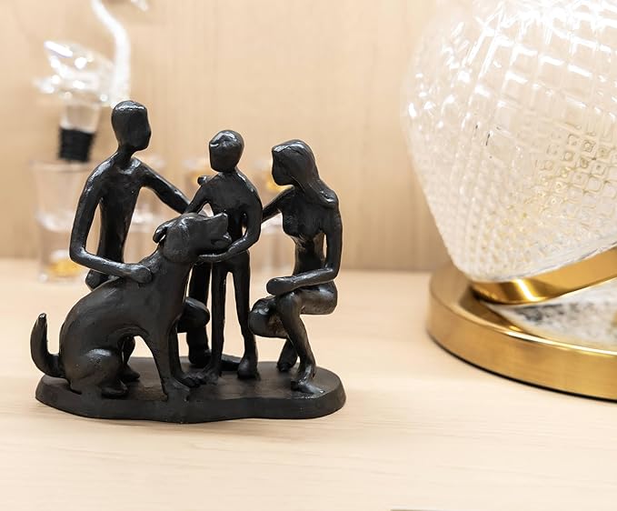 Family and Dog Statues, Cast Iron Family of 3 Figurine, Gift for Dog Lovers,Dog Memorial Gift, Black-VerdiqueGarden