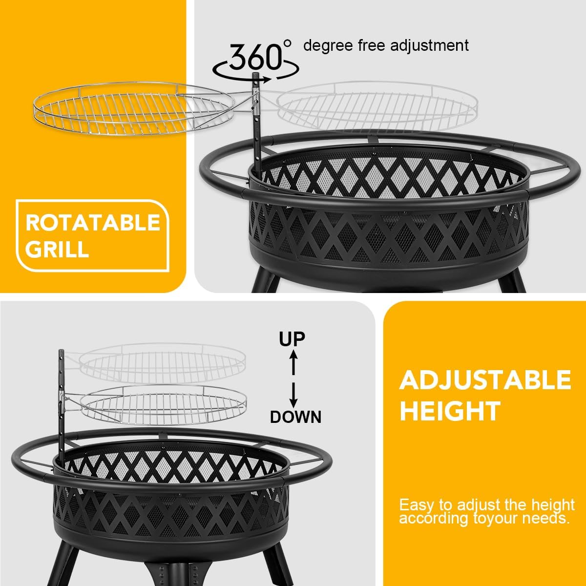 38 Inch Wood Burning Fire Pit for Outside, Round Firepit with Grill & Metal Lid, Metal Outdoor Fire Pit Table for Patio Backyard Garden Bonfire Party-VerdiqueGarden