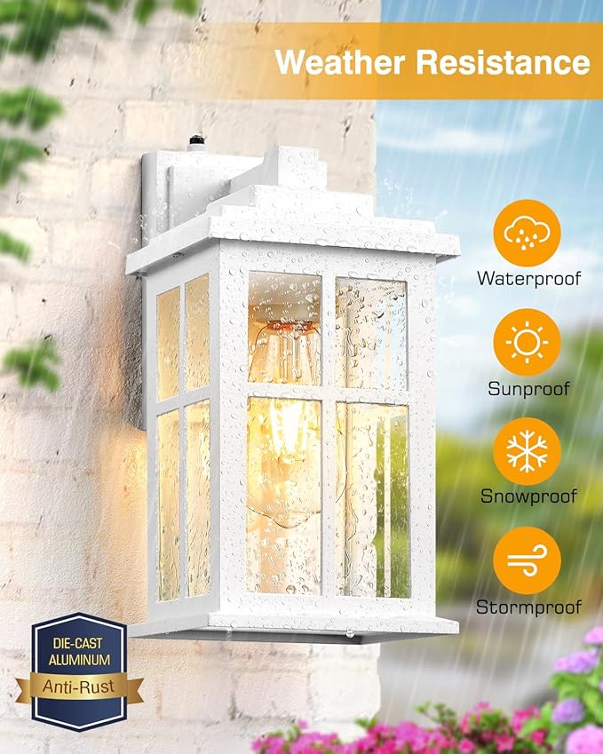 White Outdoor Wall Lights, Dusk to Dawn Exterior Lighting Fixtures, Waterproof Outside Lights for House, Garage, Garden, Entryway, Doorway, Anti-Rust, Modern Style, Tempered Glass-VerdiqueGarden
