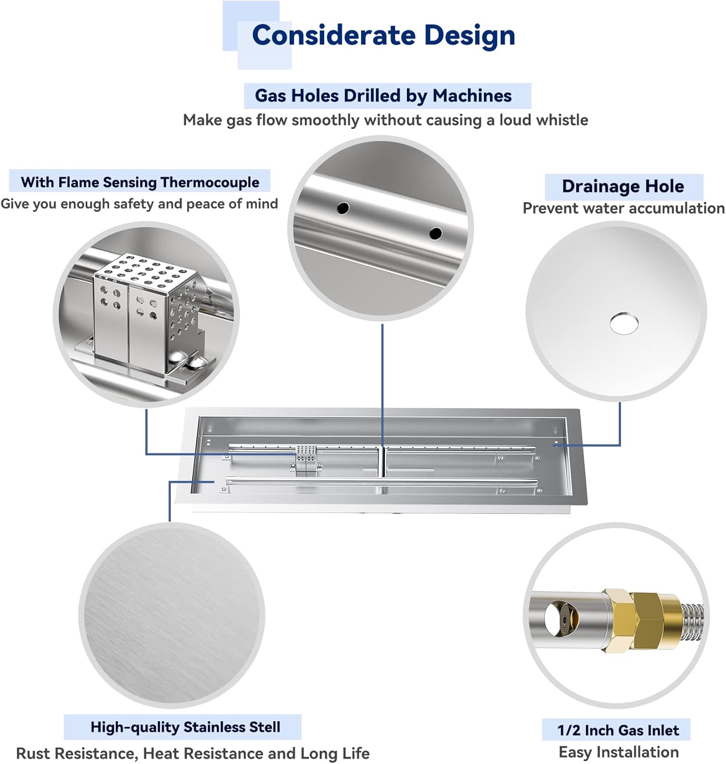Skyflame 30" Rectangle Stainless Steel Fire Pit Drop-in Burner Kit with Extinguishing Protection Device, Electronic Spark Ignition, and Propane Regulator Hose Set-VerdiqueGarden