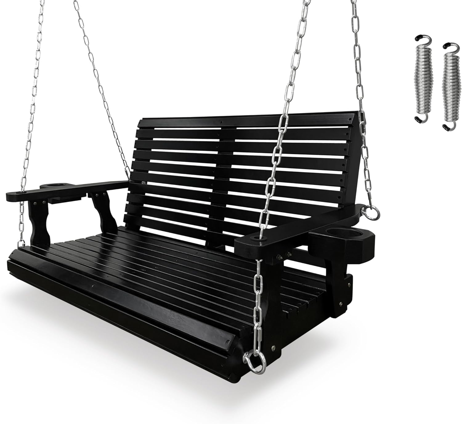 Wooden Porch Swing 2-Seater, High Backrest and Deep Seat, Bench Swing with Cupholders, Hanging Chains and 7mm Springs, Heavy Duty 880 LBS, for Outdoor Patio Garden (Carbon Black - 4 FT Extra Large)-VerdiqueGarden