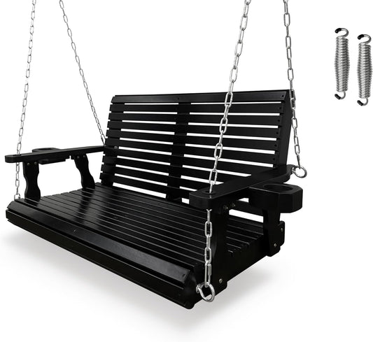 Wooden Porch Swing 2-Seater, High Backrest and Deep Seat, Bench Swing with Cupholders, Hanging Chains and 7mm Springs, Heavy Duty 880 LBS, for Outdoor Patio Garden (Carbon Black - 4 FT Extra Large)-VerdiqueGarden