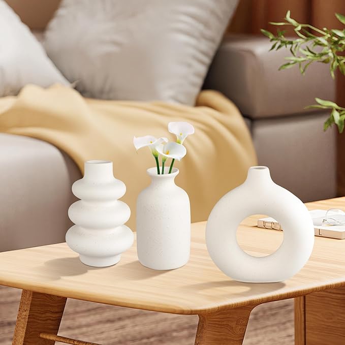 Ceramic Vase Set of 3, Small Flower Vase for Home Decor, Decorative Vases for Pampas Grass & Dried Flowers, Living Room, Bedroom, Bathroom, Shelf Centerpiece Table Decorations-VerdiqueGarden
