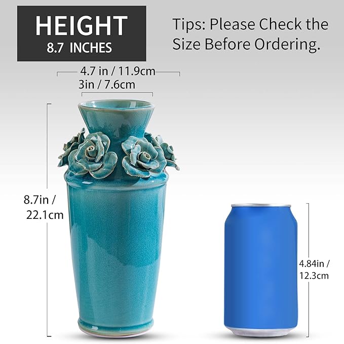 Handmade 3D Ceramic Flower Blue Bud Vase for Centerpieces, Decorative Blue Flower Vases for Wedding Reception, Home Decor, Living Room, Cottage Core Decor, Jarrones Decorativos para Sala 8.7 Inch-VerdiqueGarden