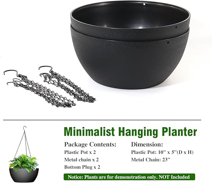 10 inch Hanging Planters for Outdoor Indoor Plants with Drainage Holes and Chain, 2 Pack Round Hanging Flower Pots for Garden Home Porch Decor, Black-VerdiqueGarden