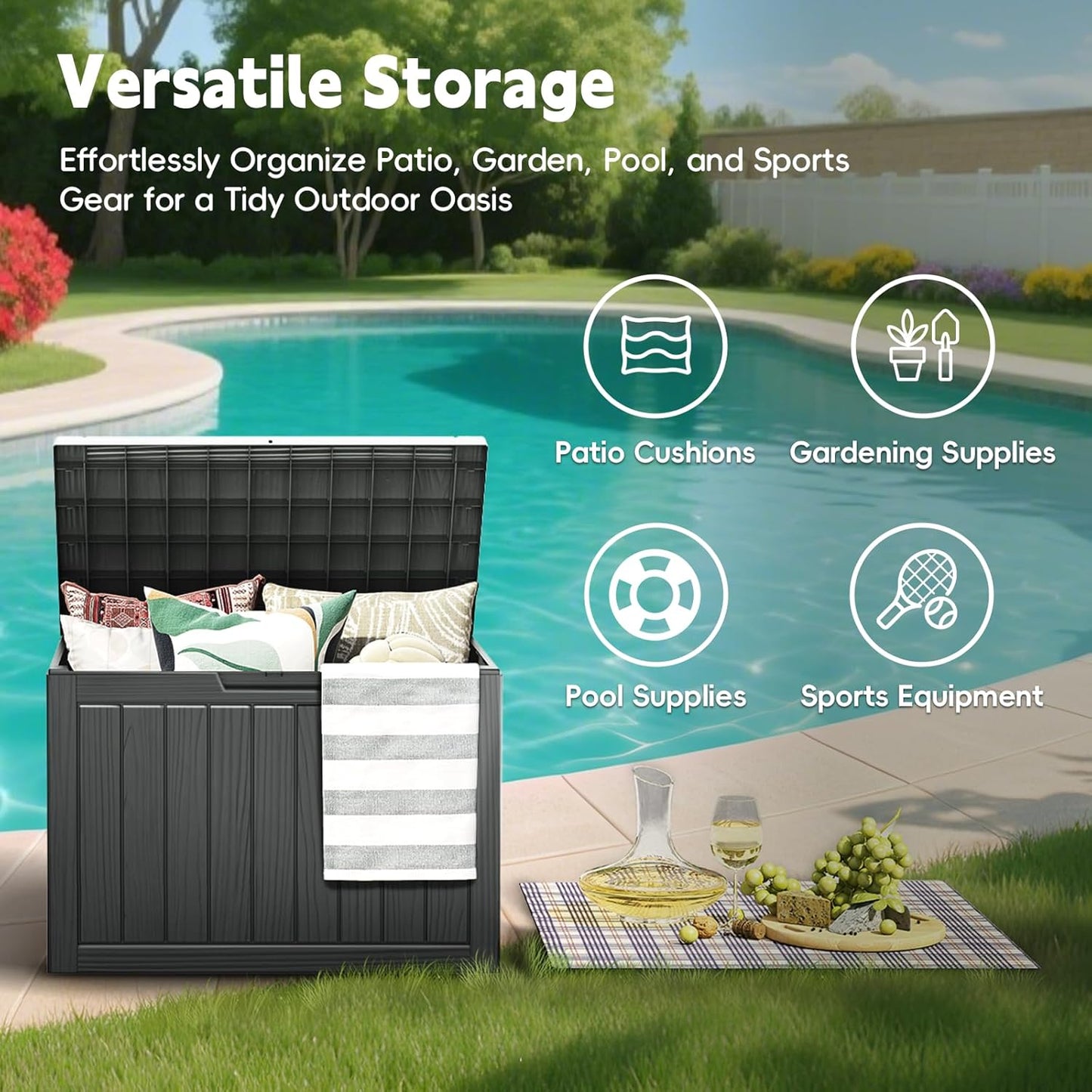 Outdoor Storage Box, 50 Gallon Waterproof Resin Deck Box, Storage Bin for Package Delivery, Patio Furniture Cushion, Garden Tools, Pool Accessories, Weatherproof and UV Resistant-VerdiqueGarden