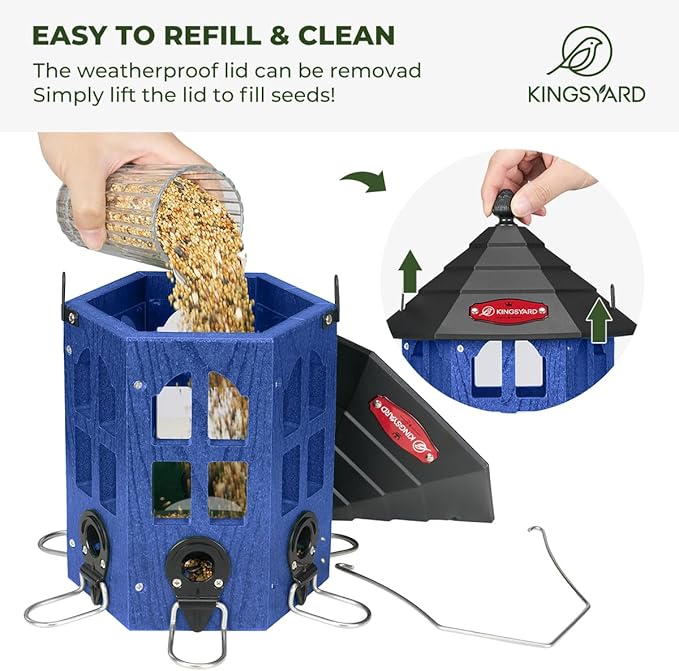 Kingsyard Wild Bird Feeder for Outdoor Hanging, Recycled Plastic Bird Feeders with 6 Ports & U-Shape Perch, Garden Yard Outside Decoration, 3.5 lbs Seed Capacity, Blue-VerdiqueGarden