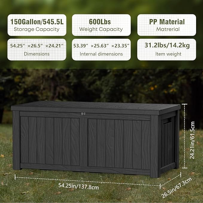 150 Gallon Outdoor Storage Box Waterproof Lockable Resin Deck Box Large, Patio Storage Bin for Pool Accessories Cushion Furniture, Garden Tools, UV-Resistant Outside Delivery Black-VerdiqueGarden