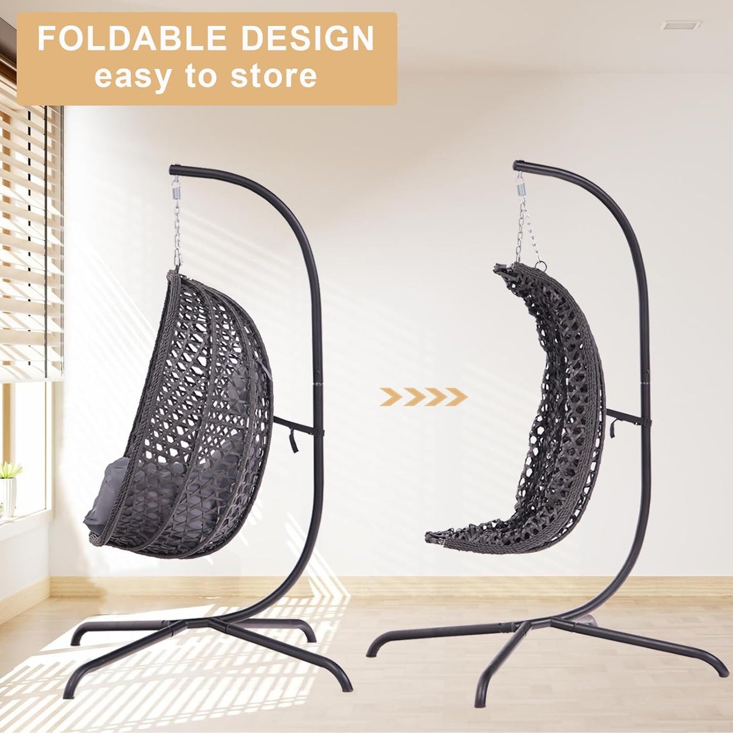 Indoor Hanging Chair with Stand for Bedroom, Hexagon Rattan Wicker Swing Egg Chair for Bedroom Porch Garden Patio Outdoor, Hammock Egg Swing Chair with Cushion,350LBS Capacity(Dark Grey)-VerdiqueGarden