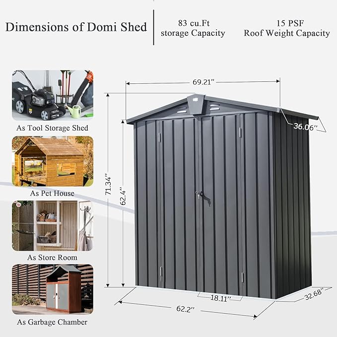 Domi Outdoor Storage Shed 5'x3, Metal Waterproof Tool Shed Utility Storage House with Double Lockable Doors & Air Vent for Garden Backyard Patio Lawn-VerdiqueGarden