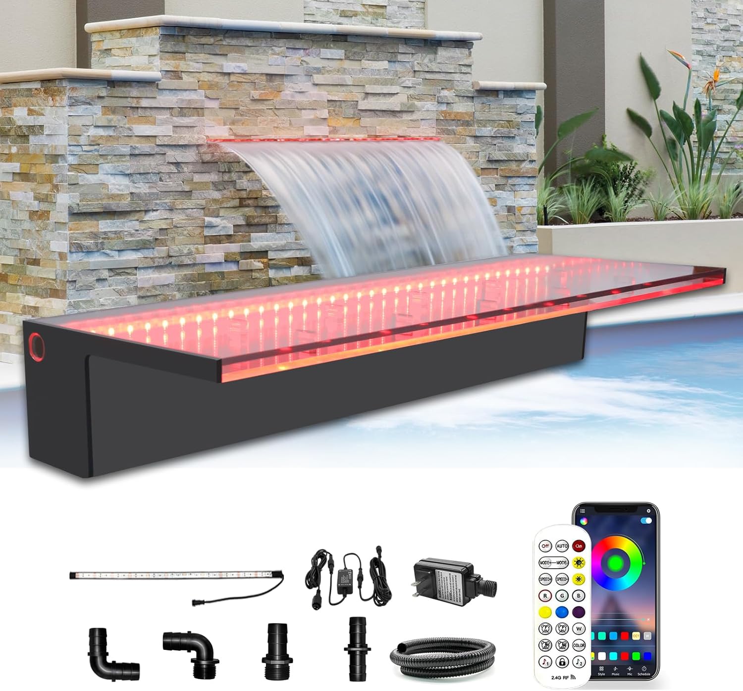 LONGRUN Waterfall Spillway, APP Control Multi-Color LED Light Outdoor Pool Fountain, Acrylic Water Spillway Koi Pond Waterfalls Fountains Kit for Garden Patio Swimming Pool Decoration-23.6"-VerdiqueGarden