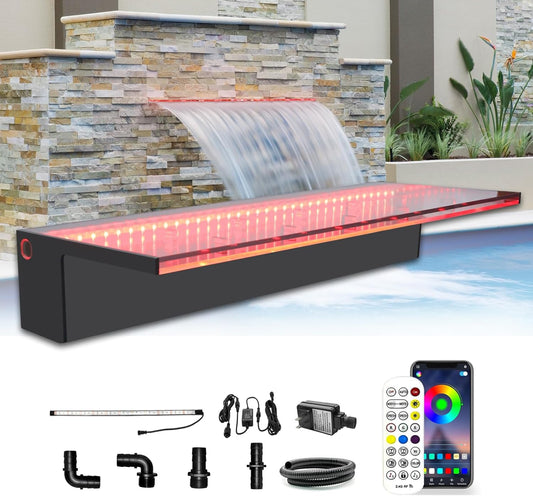LONGRUN Waterfall Spillway, APP Control Multi-Color LED Light Outdoor Pool Fountain, Acrylic Water Spillway Koi Pond Waterfalls Fountains Kit for Garden Patio Swimming Pool Decoration-23.6"-VerdiqueGarden