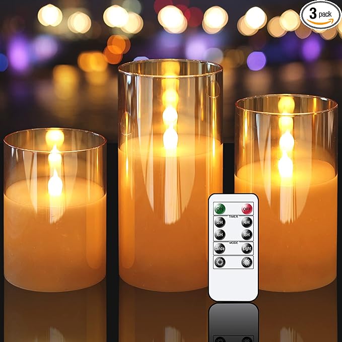 Glass LED Flickering Candles with Remote Timer, Flamless Pillar Candles Real Wax with 3D Wick Realistic, Home Decoration for Wedding Home Festival-VerdiqueGarden