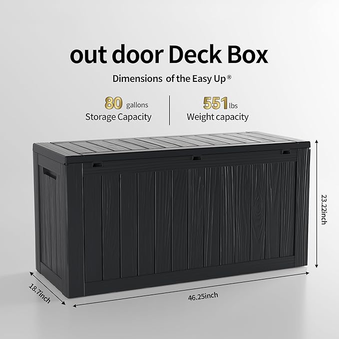 80 Gallon Lockable Resin Deck Box, Waterproof & UV-Resistant Outdoor Storage Box for Outdoor Cushion Storage, Garden Tools & Pool Accessories Storage, Black-VerdiqueGarden