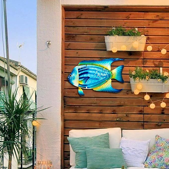 John's Studio Fish Sea Wall Decor Outdoor Metal Garden Hanging Art Glass Sculptures Home Ocean Theme Decorations for Kitchen Bathroom and Pool - Blue-VerdiqueGarden