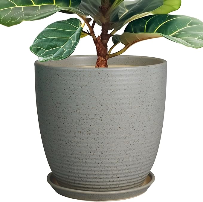 12 Inch Plant Pot, Ceramic Planter Pot with Drainage Hole and Saucer Round Large Flower Pot for Indoor Plants, Light Gray-VerdiqueGarden