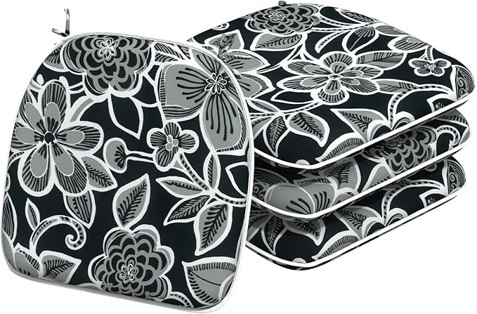 Indoor/Outdoor Chair Cushions 16x17 Inch, Patio Chair Cushions with Ties, All Weather Seat Cushions for Patio Furniture Home Garden Chair Use, Set of 4,Flower Black-VerdiqueGarden