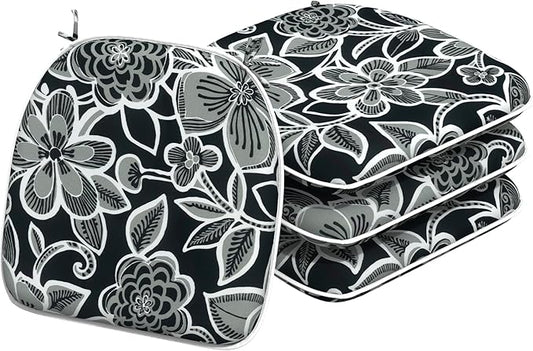 Indoor/Outdoor Chair Cushions 16x17 Inch, Patio Chair Cushions with Ties, All Weather Seat Cushions for Patio Furniture Home Garden Chair Use, Set of 4,Flower Black-VerdiqueGarden