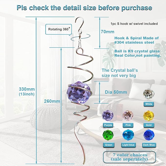 Fonmy Gazing Ball Spiral Tail -Decorative Wind Spinner Sun Catcher Rainbow Maker 11 inch Tail and 2 inch Purple Crystal Orb. Indoor Outdoor Garden Decoration -13 inch Height-VerdiqueGarden