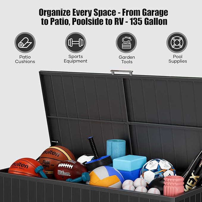 Outdoor Storage Box with Wheels 135 Gallon, Mobile Waterproof Aluminum Deck Box, UV Resistant Patio Storage Box with Lid for Patio Furniture, Garden Tools (Black)-VerdiqueGarden
