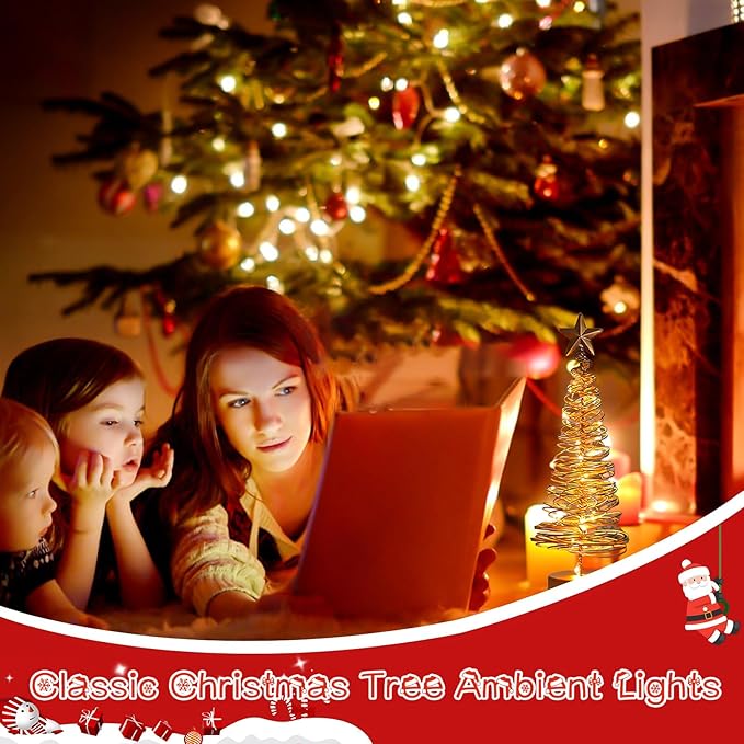 Christmas Tree Lamp, Spiral Christmas Tree with Glittering Star, AA Battery Operated Gold Christmas Tree Light with Metal Stand for Christmas Table Decoration（Batteries not Included）-VerdiqueGarden
