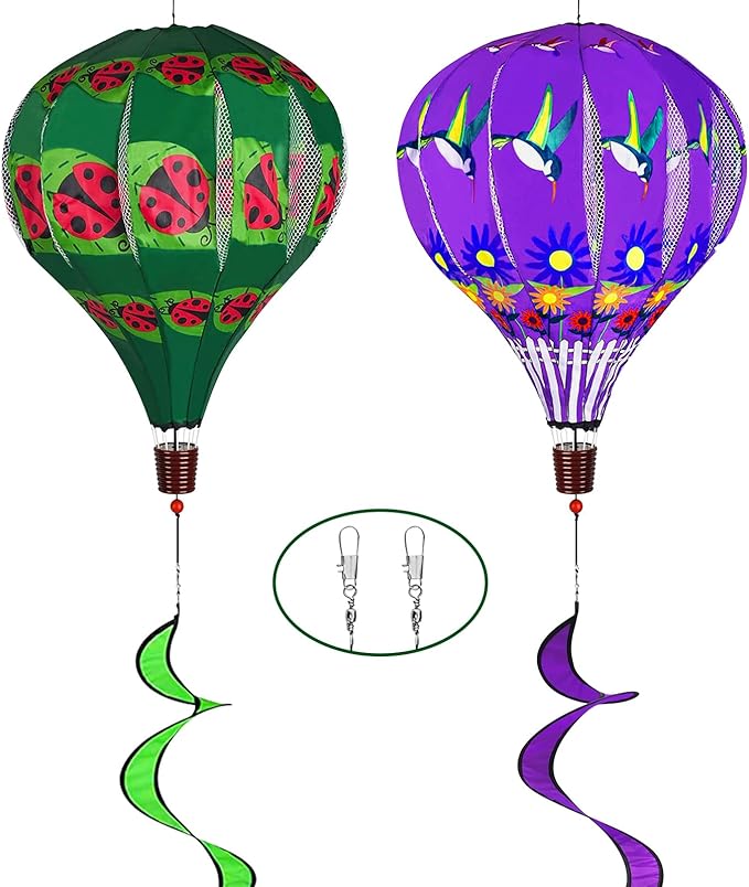 2 PCS Gaint Hot Air Balloon Wind Spinners 59 inch Garden Wind Spinner Large Hummingbird Ladybug Spinners Hanging Wind Socks Twisted Whirlygig Windmill for Yard Garden Lawn Outdoor Decorations-VerdiqueGarden