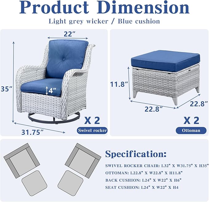 4 Pieces Patio Furniture Sets, Wicker Patio Swivel Glider Chair with Ottomans, Outdoor Furniture Set for Outside Porch Deck Balcony, Light Grey-VerdiqueGarden