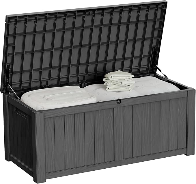 150 Gallon Outdoor Storage Box Patio Deck Box Waterproof, Resin Lockable Outside Large Storage Bin for Pool Cushion Furniture, Garden Tools UV-Resistant, Black-VerdiqueGarden
