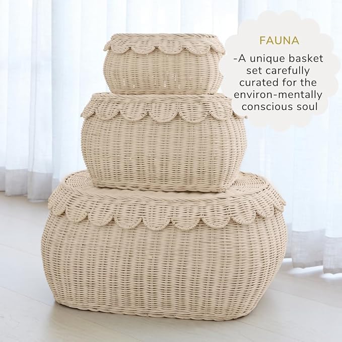 BEBE BASK Large Scalloped Basket Set Of 3 - Hand-Woven & Award-Winning Scallop Basket - XL - Extra Large for Blankets 22 x 16 x 10 In - Elegant Wicker With Scalloped Edge Lid (Natural)-VerdiqueGarden